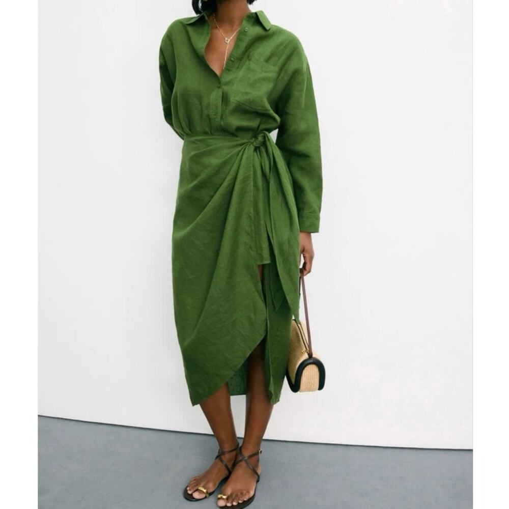 Apiece Apart Alessandra Sarong green linen Shirt Dress Size 8